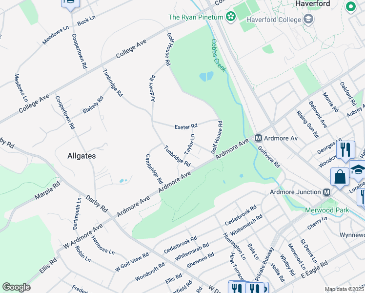 map of restaurants, bars, coffee shops, grocery stores, and more near 100 Taylor Lane in Haverford
