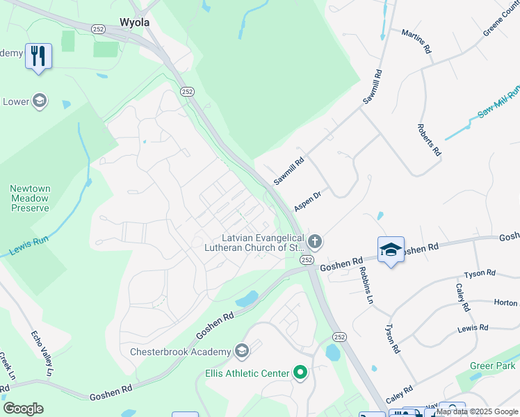 map of restaurants, bars, coffee shops, grocery stores, and more near 3701 Rosemont Pass in Newtown Square