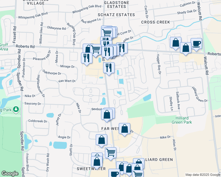 map of restaurants, bars, coffee shops, grocery stores, and more near 2334 Asics Road in Hilliard