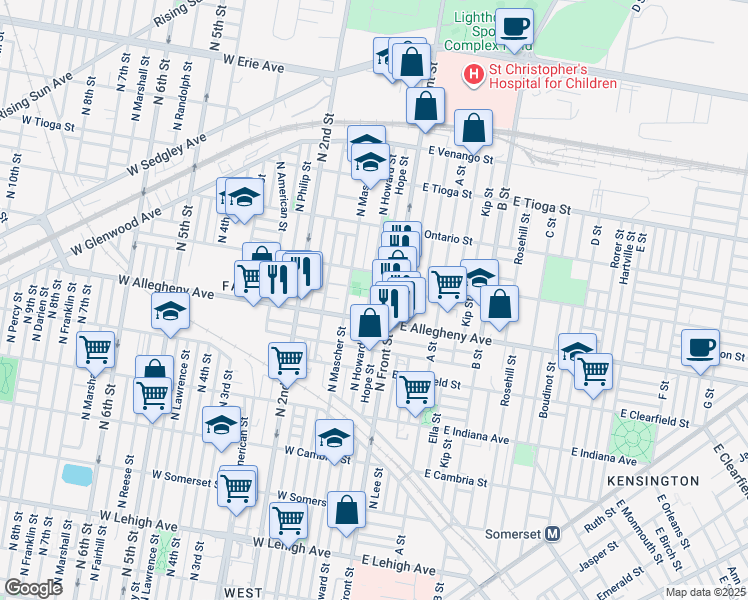 map of restaurants, bars, coffee shops, grocery stores, and more near 3225 North Howard Street in Philadelphia