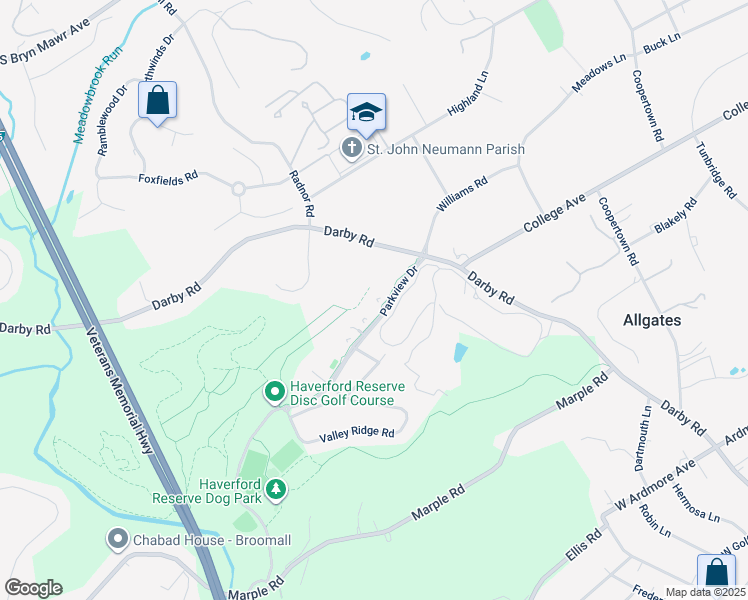 map of restaurants, bars, coffee shops, grocery stores, and more near 1208 Parkview Drive in Haverford
