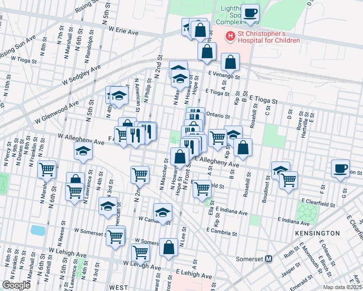 map of restaurants, bars, coffee shops, grocery stores, and more near 3225 North Howard Street in Philadelphia