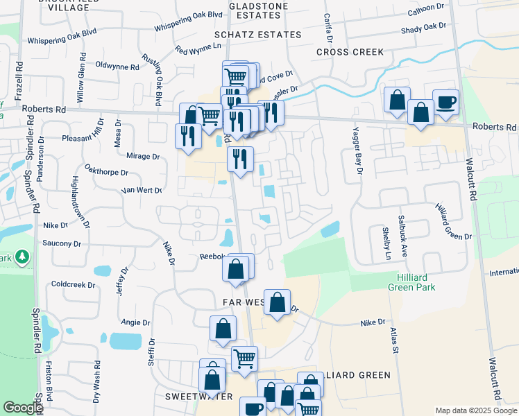 map of restaurants, bars, coffee shops, grocery stores, and more near 2295 Asics Road in Hilliard