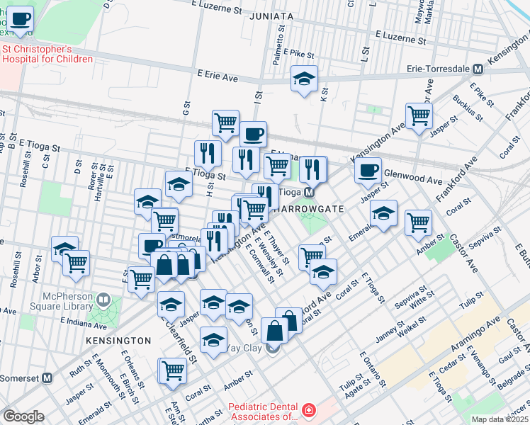 map of restaurants, bars, coffee shops, grocery stores, and more near 3400 J Street in Philadelphia
