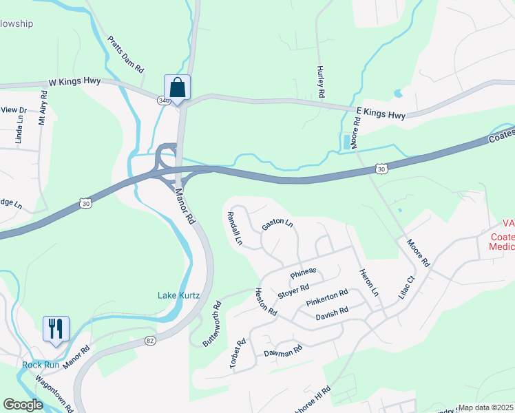 map of restaurants, bars, coffee shops, grocery stores, and more near 510 McElree Lane in Coatesville