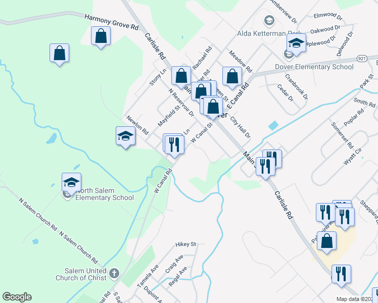 map of restaurants, bars, coffee shops, grocery stores, and more near 46 West Canal Street in Dover