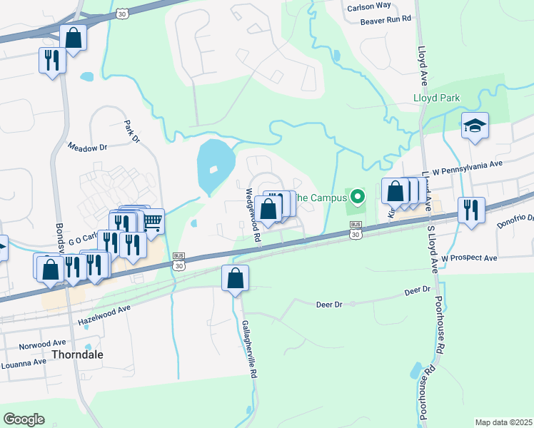 map of restaurants, bars, coffee shops, grocery stores, and more near 4319 Lincoln Highway East in Downingtown