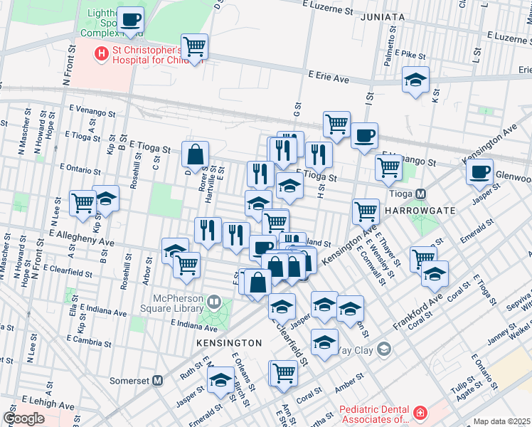 map of restaurants, bars, coffee shops, grocery stores, and more near 738 East Thayer Street in Philadelphia