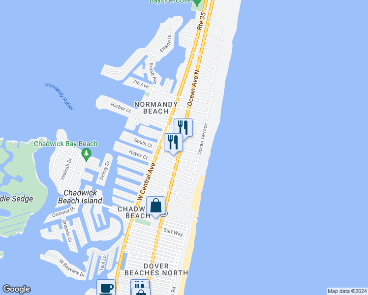 map of restaurants, bars, coffee shops, grocery stores, and more near 3620 Route 35 North in Lavallette