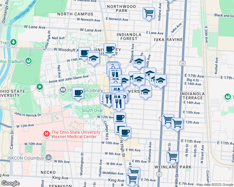 map of restaurants, bars, coffee shops, grocery stores, and more near 1814 North High Street in Columbus