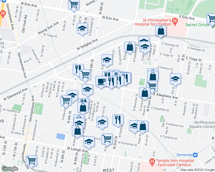 map of restaurants, bars, coffee shops, grocery stores, and more near 306 West Allegheny Avenue in Philadelphia