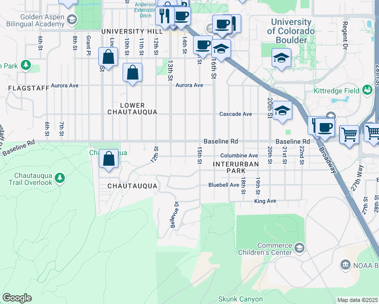 map of restaurants, bars, coffee shops, grocery stores, and more near 568 14th Street in Boulder