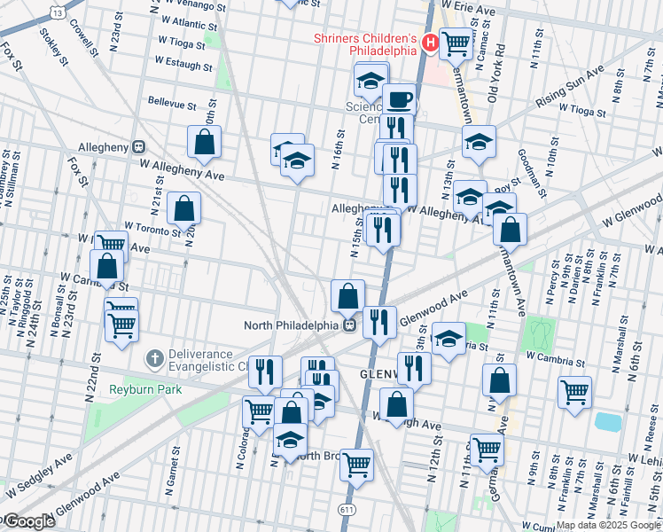 map of restaurants, bars, coffee shops, grocery stores, and more near 3022 North Sydenham Street in Philadelphia