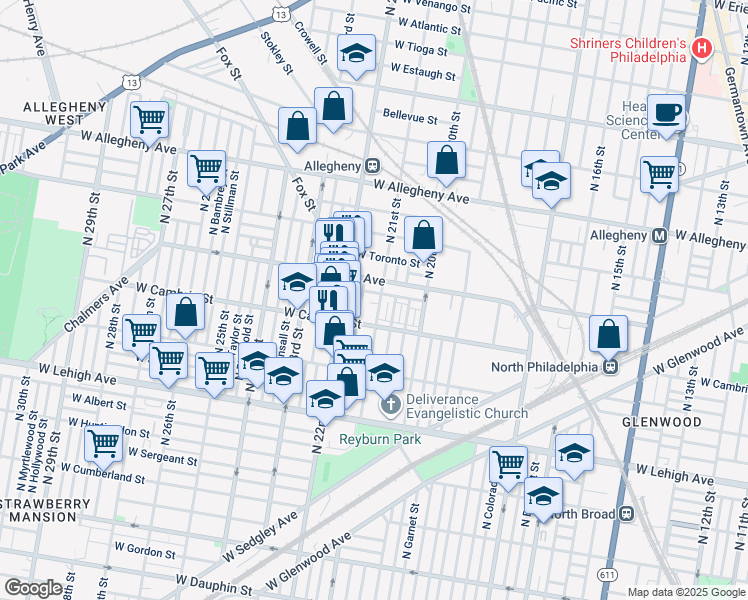 map of restaurants, bars, coffee shops, grocery stores, and more near 2921 North Van Pelt Street in Philadelphia