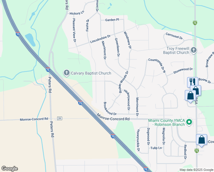 map of restaurants, bars, coffee shops, grocery stores, and more near 908 Brookwood Drive in Troy