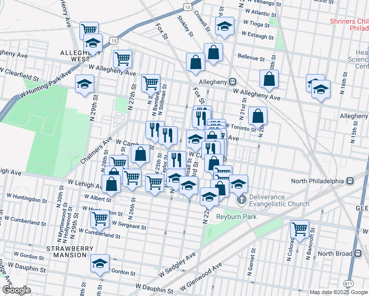 map of restaurants, bars, coffee shops, grocery stores, and more near 2910 North Judson Street in Philadelphia
