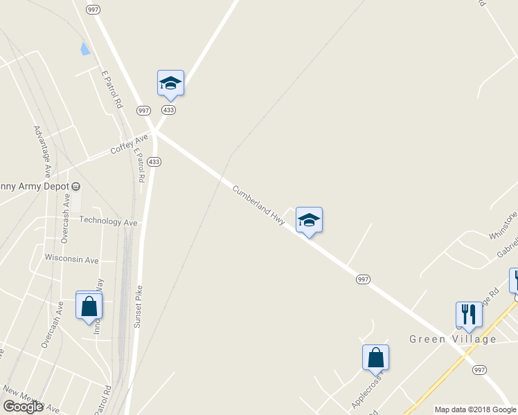 map of restaurants, bars, coffee shops, grocery stores, and more near 5867 Cumberland Highway in Chambersburg