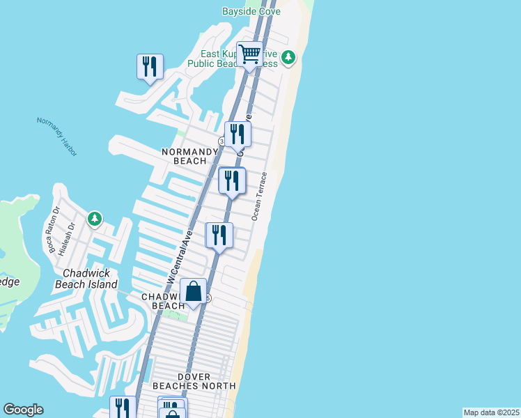 map of restaurants, bars, coffee shops, grocery stores, and more near 3622 Ocean Terrace in Lavallette