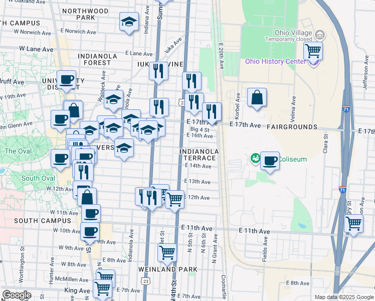 map of restaurants, bars, coffee shops, grocery stores, and more near 358 East 14th Avenue in Columbus