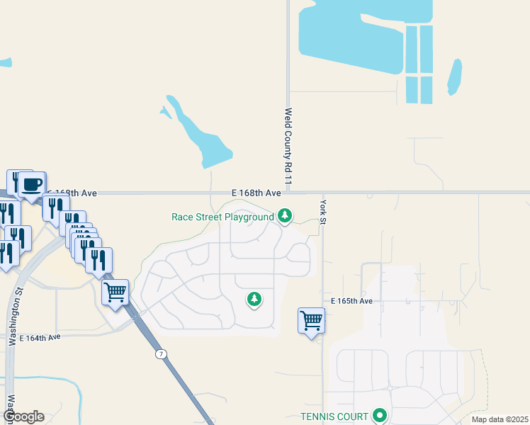 map of restaurants, bars, coffee shops, grocery stores, and more near 2005 East 167th Lane in Thornton