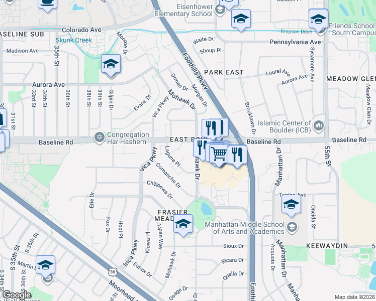 map of restaurants, bars, coffee shops, grocery stores, and more near 635 Mohawk Drive in Boulder