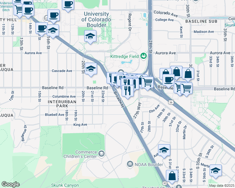 map of restaurants, bars, coffee shops, grocery stores, and more near 2450 Baseline Road in Boulder