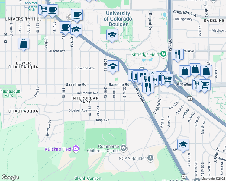 map of restaurants, bars, coffee shops, grocery stores, and more near 2030 Columbine Avenue in Boulder