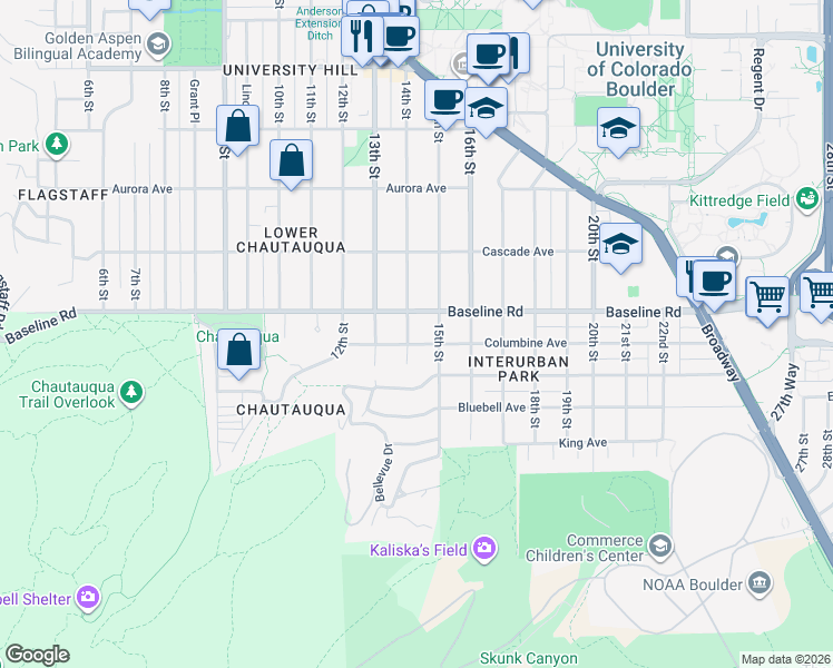 map of restaurants, bars, coffee shops, grocery stores, and more near 568 14th Street in Boulder