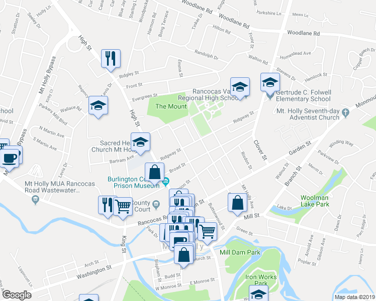 map of restaurants, bars, coffee shops, grocery stores, and more near 103 Broad Street in Mount Holly