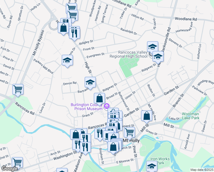 map of restaurants, bars, coffee shops, grocery stores, and more near 38 Ridgway Street in Mount Holly