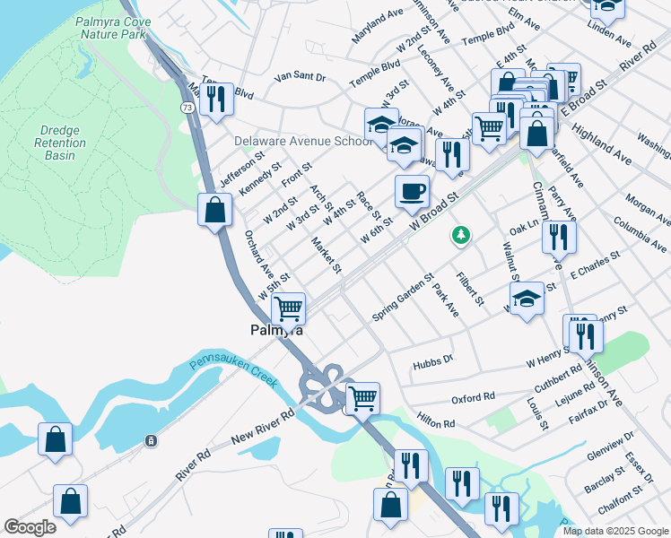 map of restaurants, bars, coffee shops, grocery stores, and more near 608 West 6th Street in Palmyra