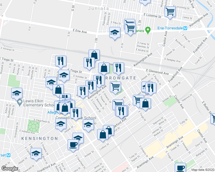 map of restaurants, bars, coffee shops, grocery stores, and more near 1802 East Russell Street in Philadelphia
