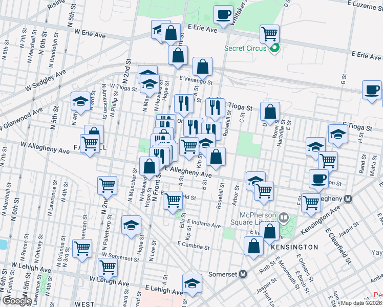 map of restaurants, bars, coffee shops, grocery stores, and more near 3232 Kip Street in Philadelphia