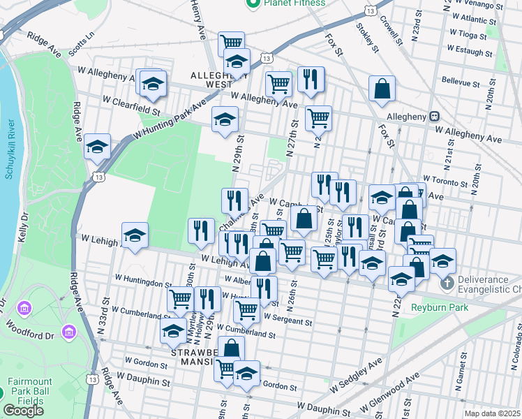 map of restaurants, bars, coffee shops, grocery stores, and more near 2827 North Marston Street in Philadelphia