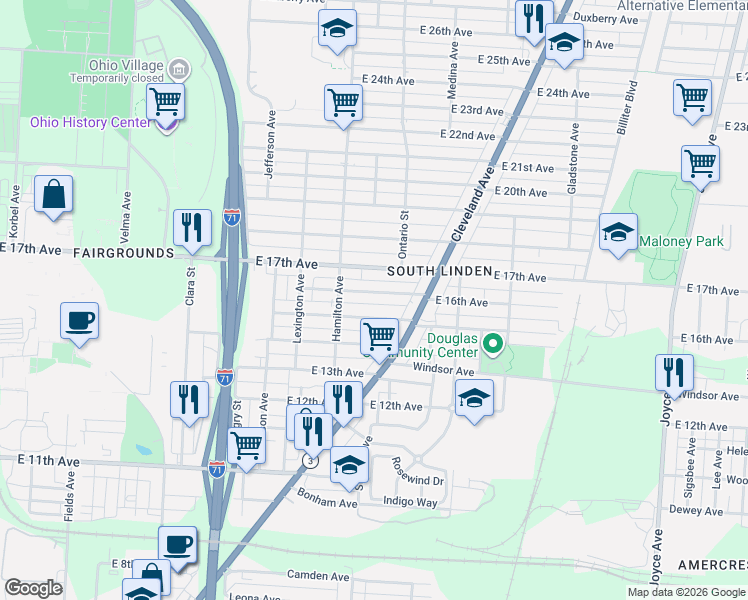 map of restaurants, bars, coffee shops, grocery stores, and more near 1076 East 15th Avenue in Columbus