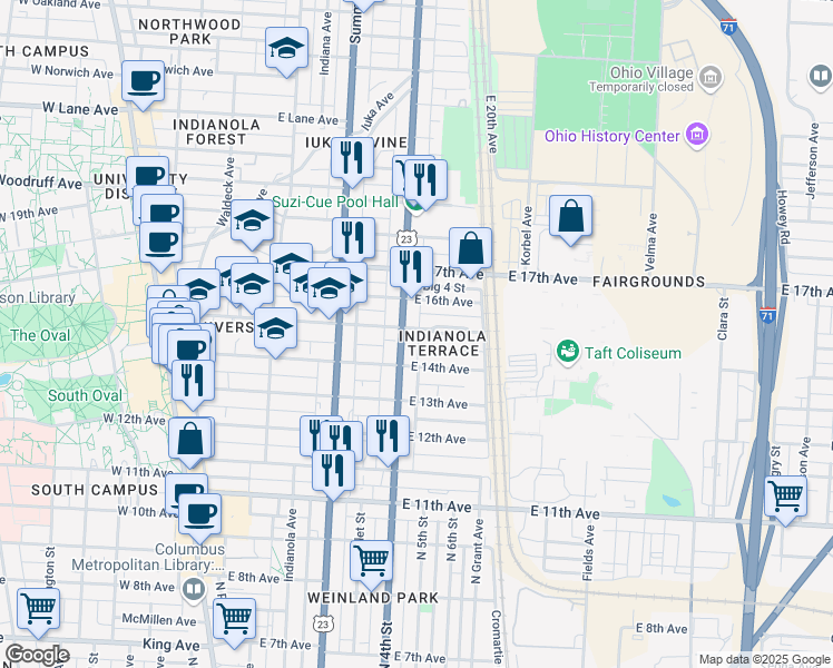 map of restaurants, bars, coffee shops, grocery stores, and more near 358 East 14th Avenue in Columbus