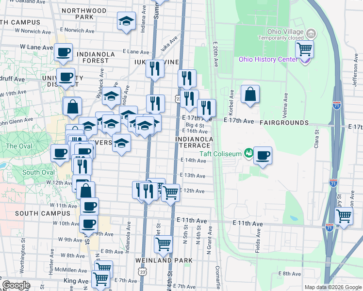 map of restaurants, bars, coffee shops, grocery stores, and more near in Columbus