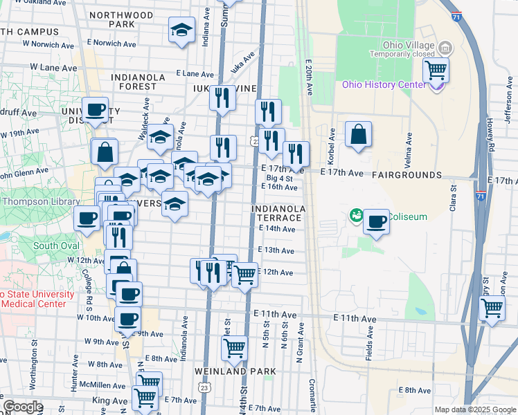 map of restaurants, bars, coffee shops, grocery stores, and more near in Columbus