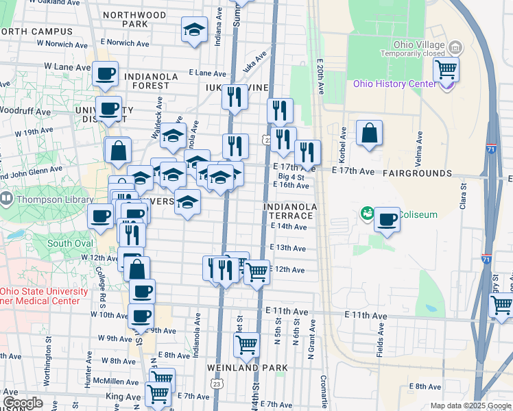 map of restaurants, bars, coffee shops, grocery stores, and more near 1749 North 4th Street in Columbus