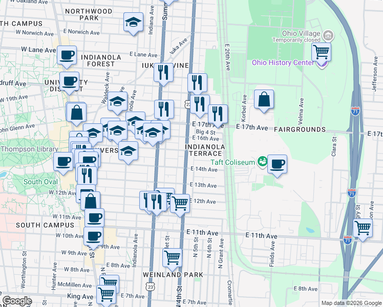 map of restaurants, bars, coffee shops, grocery stores, and more near in Columbus