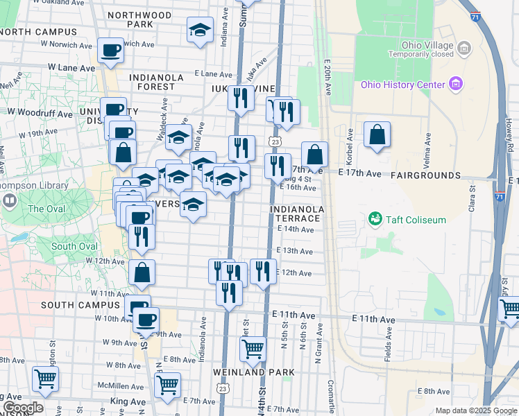 map of restaurants, bars, coffee shops, grocery stores, and more near 307 East 15th Avenue in Columbus