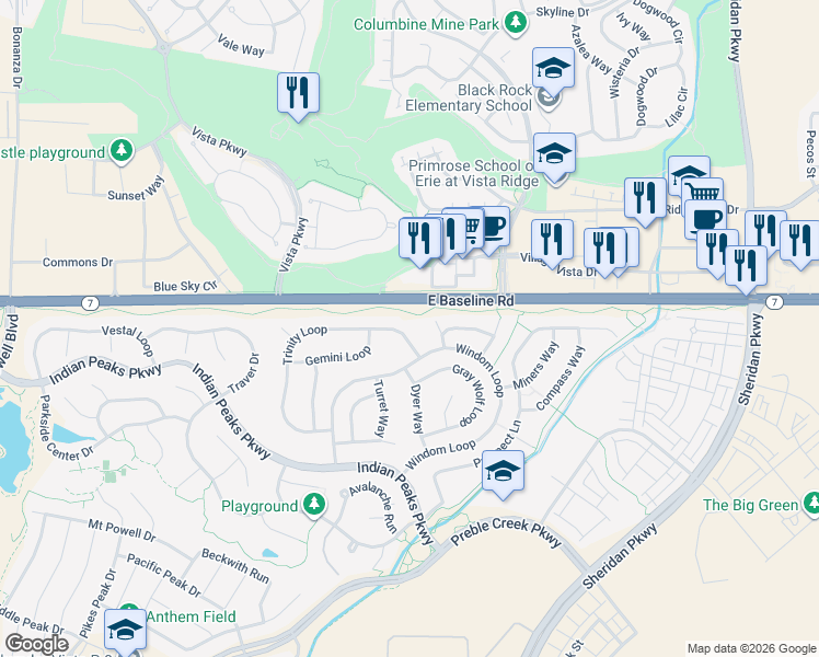 map of restaurants, bars, coffee shops, grocery stores, and more near 2817 Trinity Loop in Broomfield