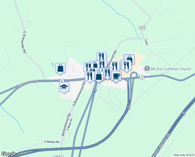 map of restaurants, bars, coffee shops, grocery stores, and more near in Breezewood