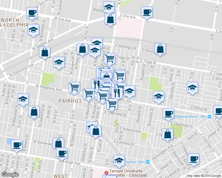 map of restaurants, bars, coffee shops, grocery stores, and more near 3243 North Lee Street in Philadelphia