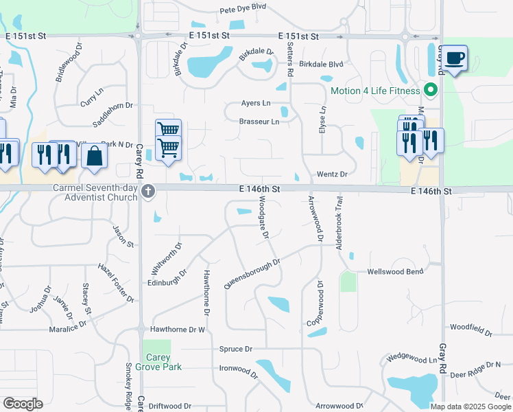 map of restaurants, bars, coffee shops, grocery stores, and more near 1318 Woodgate Drive in Carmel