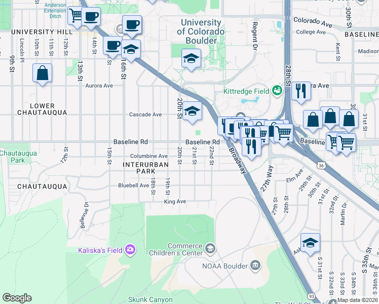 map of restaurants, bars, coffee shops, grocery stores, and more near 2030 Columbine Avenue in Boulder