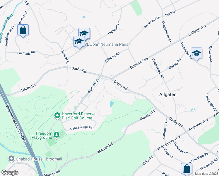 map of restaurants, bars, coffee shops, grocery stores, and more near 3300 Darby Road in Haverford