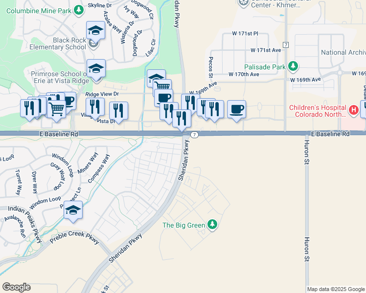 map of restaurants, bars, coffee shops, grocery stores, and more near 16785 Sheridan Parkway in Broomfield