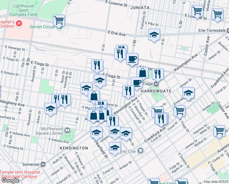 map of restaurants, bars, coffee shops, grocery stores, and more near 3366 Rand Street in Philadelphia