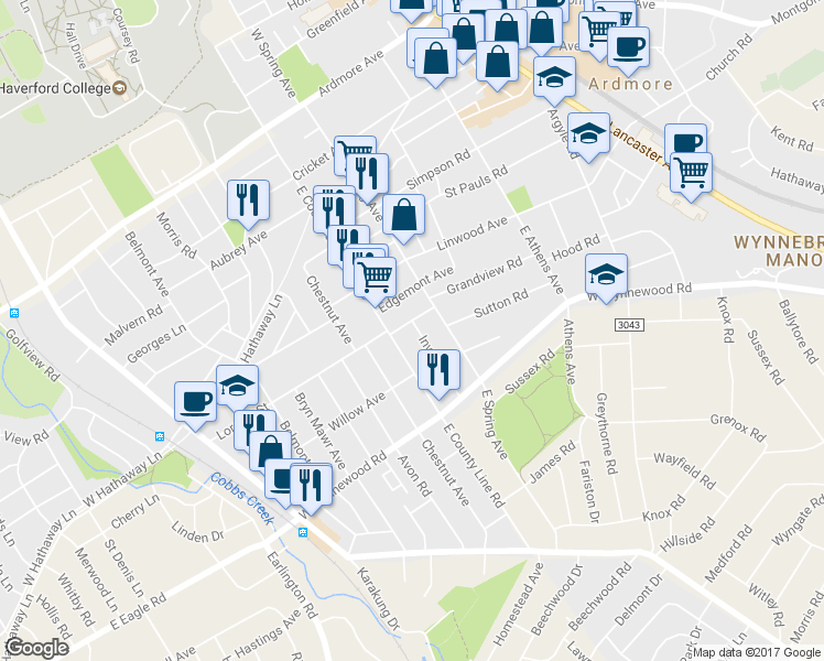 map of restaurants, bars, coffee shops, grocery stores, and more near 225 Delmont Avenue in Ardmore